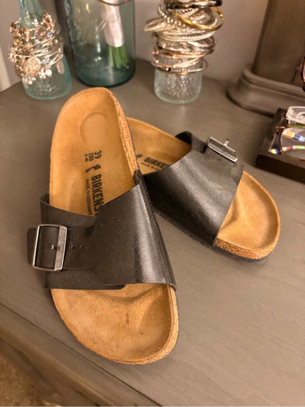 Birkenstock Black Single-Strap Leather Slides with Buckle